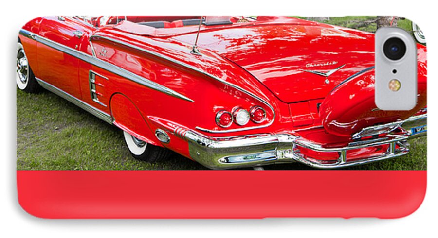 Custom Car Show Shine Classic Granum Alberta Canada Auto Automobile Chrome Hood Fender Bright Retro iPhone 7 Case featuring the photograph Red Chevrolet Classic by Mick Flynn