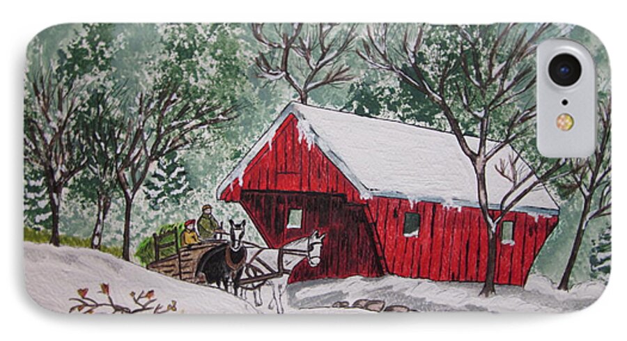 Red Covered Bridge iPhone 7 Case featuring the painting Red Covered Bridge Christmas by Kathy Marrs Chandler