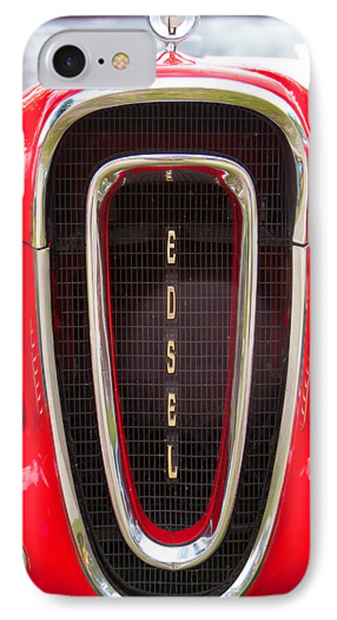 Custom Car Show Shine Classic Granum Alberta Canada Auto Automobile Chrome Hood Fender Bright Retro iPhone 7 Case featuring the photograph Red Ford Edsel grill detail by Mick Flynn