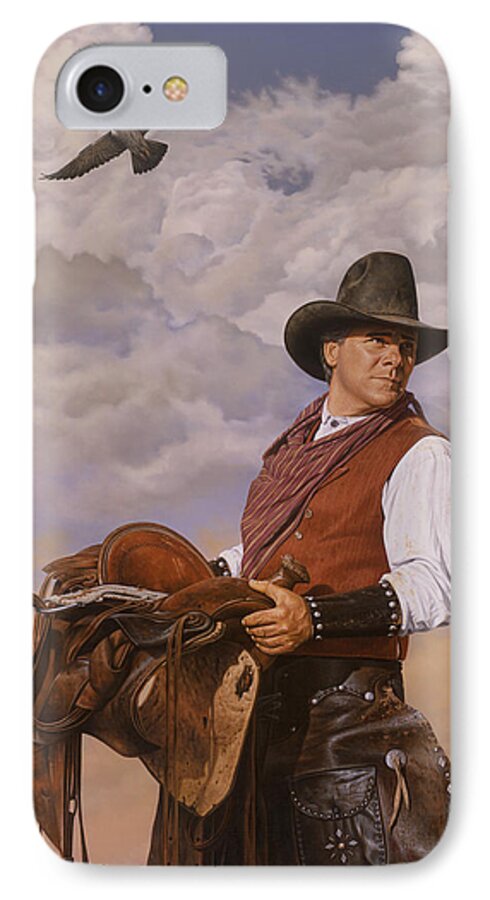 Cowboy iPhone 7 Case featuring the painting Saddle 'em Up by Ron Crabb