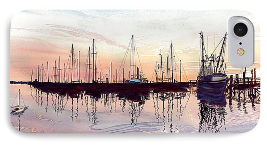 Fiery Sunset iPhone 7 Case featuring the painting Saint Marys Marina  shadows light and fire by Joel Deutsch