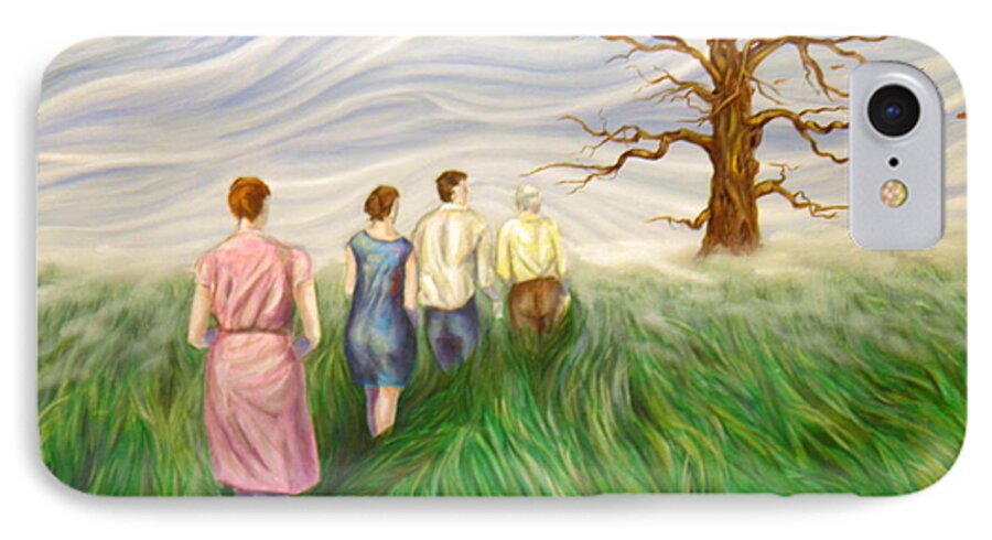 Sky Ground Grasses Tree Clouds People Green Blue White Light Shadow Brown Yellow Orange Pink Purple Female Male Women Men Dresses Shirts Pants Branches Leaves Movement Wind Mist iPhone 7 Case featuring the painting Search by Ida Eriksen