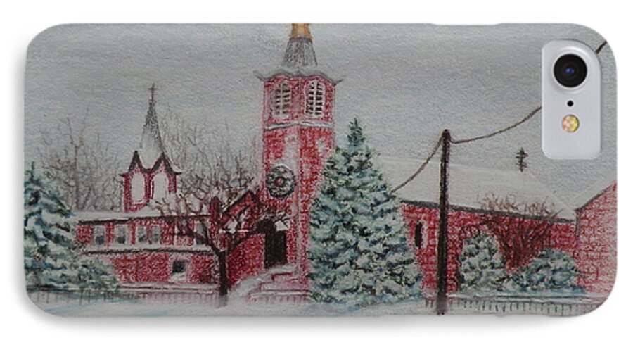 Prismacolor Pencil iPhone 7 Case featuring the drawing St. Nicholas Church Roebling New Jersey by Lora Duguay