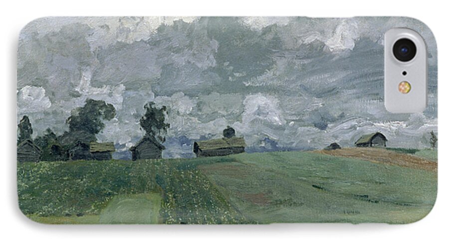 Landscape; View; Rural; Field; Storm; Cloudy; Bleak; Countryside iPhone 7 Case featuring the painting Stormy Day by Isaak Ilyich Levitan