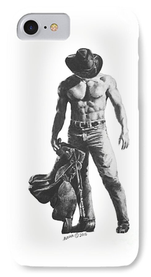 Man iPhone 7 Case featuring the drawing Strength of a Cowboy by Marianne NANA Betts