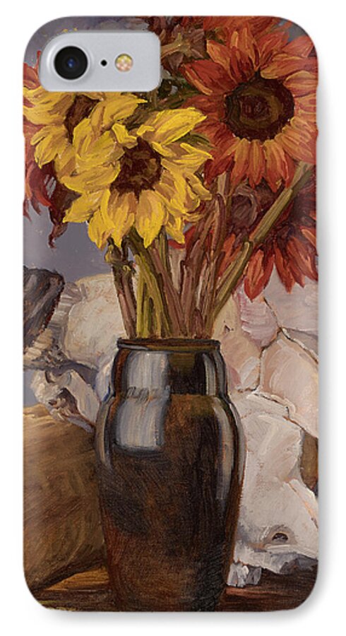 Sunflowers iPhone 7 Case featuring the painting Sunflowers and Buffalo Skull by Jane Thorpe