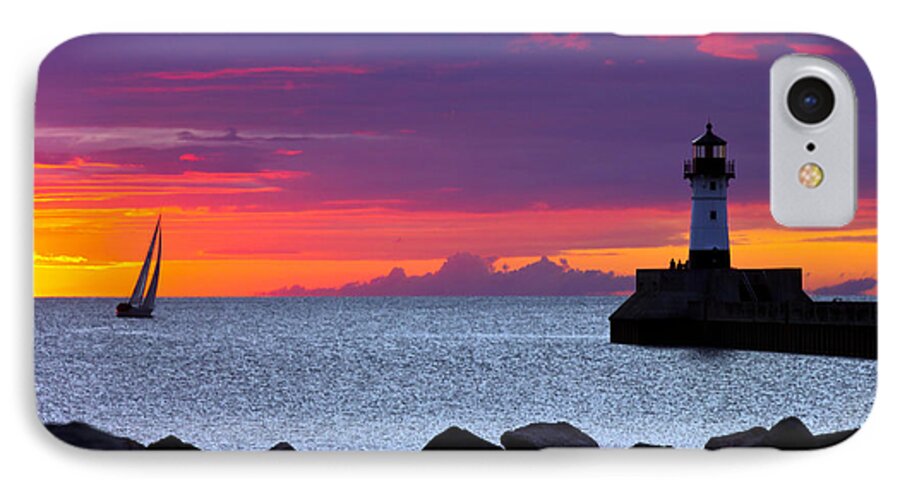 Sunrise lake Superior Sailing canal Park Lighthouse Duluth north Shore canal Park Lighthouse sail Boat Dawn Morning Magic Wow! iPhone 7 Case featuring the photograph Sunrise Sailing by Mary Amerman