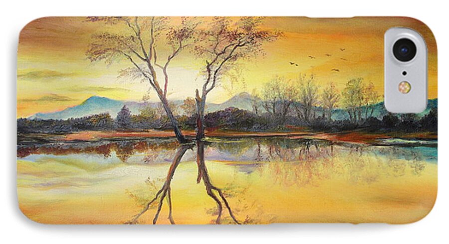 Autumn iPhone 7 Case featuring the painting Sunset on the lake by Sorin Apostolescu