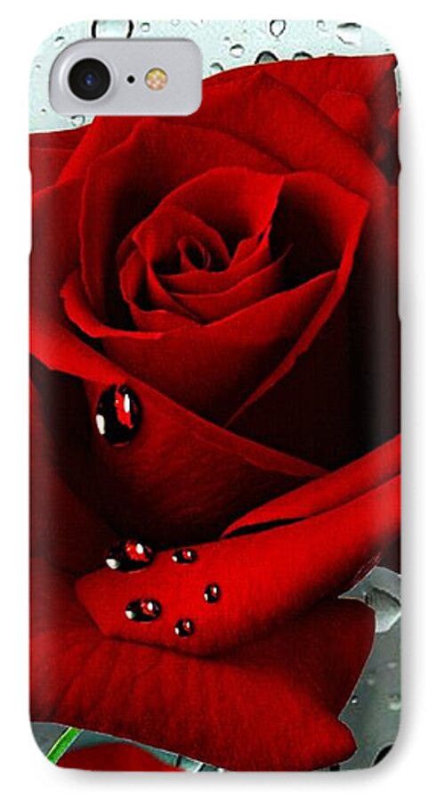 Red Rose iPhone 7 Case featuring the mixed media Tears from my Heart by Morag Bates