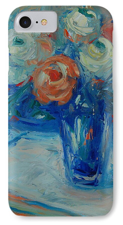 Ten White And Orange Roses In A Blue Vase iPhone 7 Case featuring the painting Ten White and Orange Roses by Thomas Bertram POOLE
