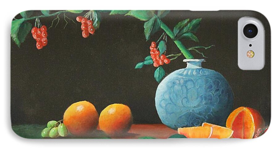 Oil Paintings iPhone 7 Case featuring the painting The Asian Vase and Oranges by Bob Williams