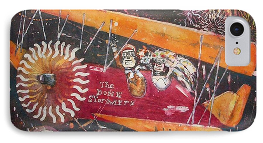 Biplane iPhone 7 Case featuring the painting The Bone Stormers Dia de los Muertos by Carol Losinski Naylor