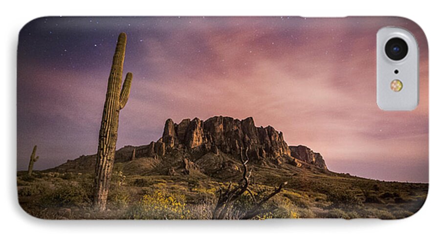 A Night Photograph Of The Flatiron During Springtime With Saguaro Cactus In The Superstition Mountains Apache Junction Arizona iPhone 7 Case featuring the photograph The Flatiron by Anthony Citro