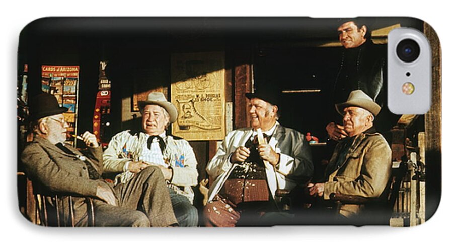 The Over The Hill Gang Johnny Cash Old Tucson Az Western Wear Smoking Whittling Country Store  Porch Edgar Buchanan Chill Wills Andy Devine Walter Brennan  iPhone 7 Case featuring the photograph The Over the Hill Gang Johnny Cash porch Old Tucson Arizona 1971 by David Lee Guss