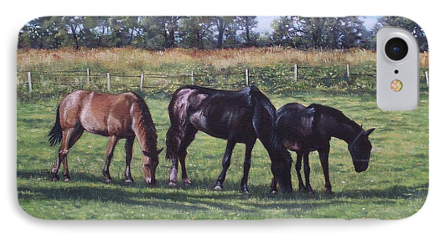 Horse iPhone 7 Case featuring the painting Three horses in field by Martin Davey