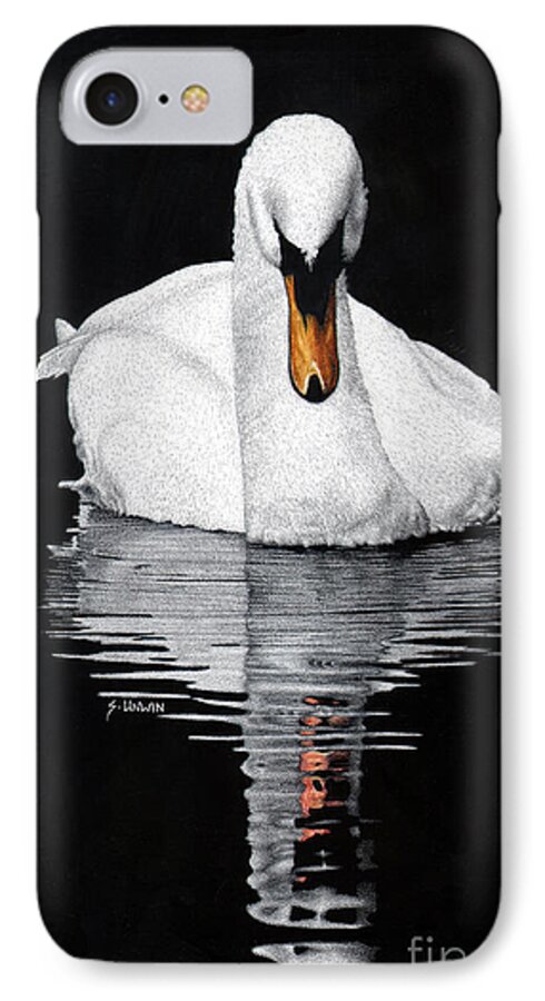 Swan iPhone 7 Case featuring the drawing Tranquil Reflection by Sheryl Unwin