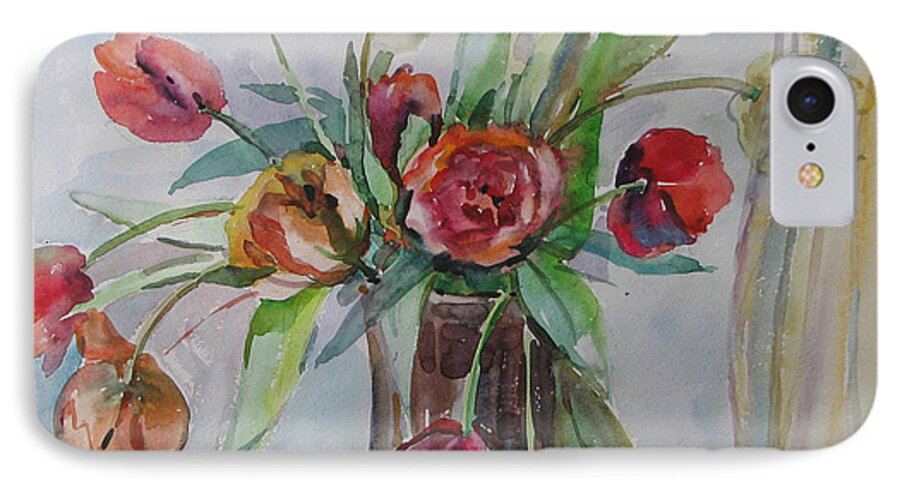 Watercolor iPhone 7 Case featuring the painting Tulips on a window by Juliya Zhukova