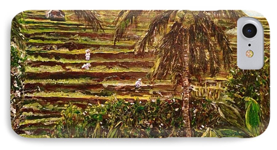 Padi Field iPhone 7 Case featuring the painting We work hard for the money by Belinda Low