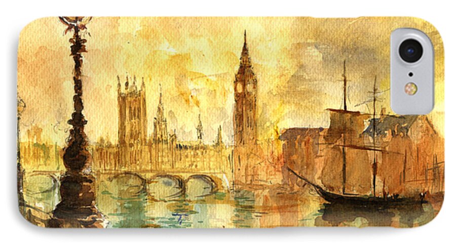 London iPhone 7 Case featuring the painting Westminster palace London Thames by Juan Bosco