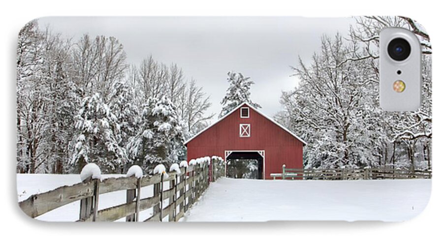 Red Barn iPhone 7 Case featuring the photograph Winter on the Farm by Benanne Stiens