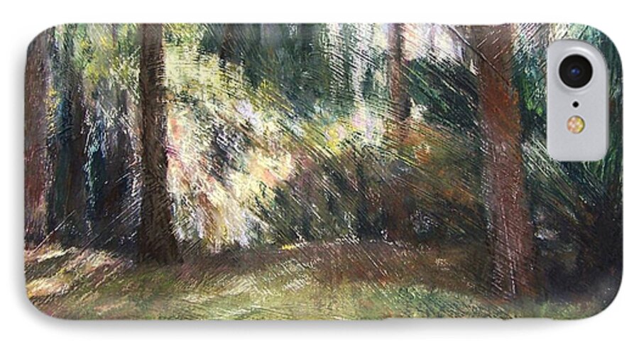 Landscape Of Sunlight And Shadows In A Forest Clearing In Parrish iPhone 7 Case featuring the painting Woodland Shadows by Mary Lynne Powers