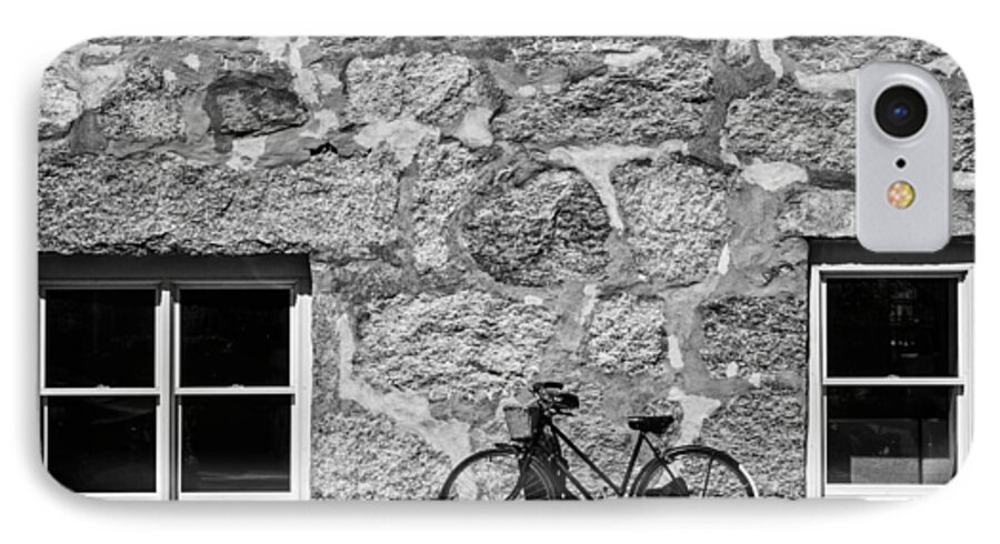 B&w iPhone 7 Case featuring the photograph Woods Hole Bike Wall by Frank Winters