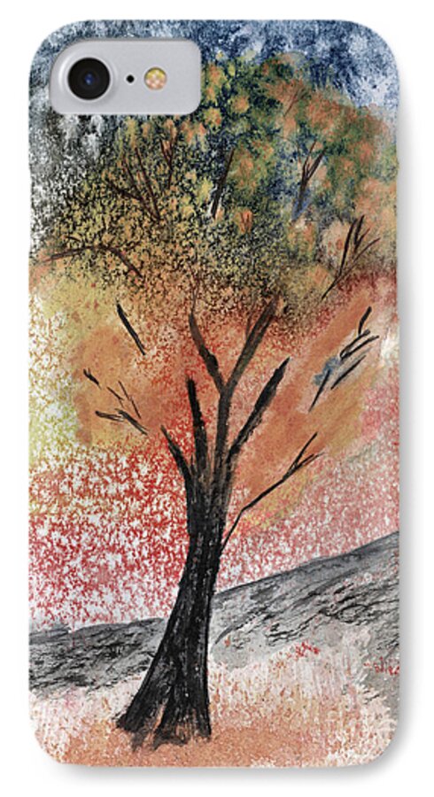 Surreal Unreal Imaginary Art Artwork R Kyllo Watercolor Painting Landscape Tree Calm Peace Calming Relax Relaxing Peaceful Escape Escapism Abstract Blue Red Orange iPhone 7 Case featuring the painting Autumn Tree No. 1 by R Kyllo