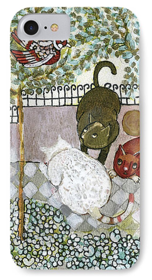 Alley iPhone 7 Case featuring the painting Brown and white alley cats consider catching a bird in the green garden by Rachel Hershkovitz
