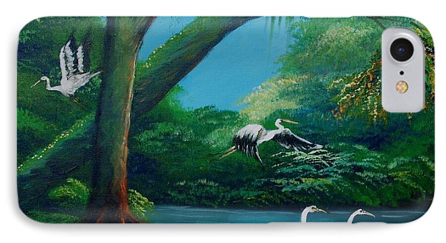 Wild Birds iPhone 7 Case featuring the painting Cranes on the swamp by Jean Pierre Bergoeing