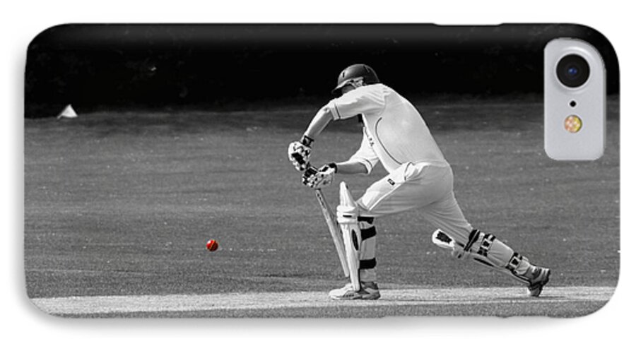 Cricket iPhone 7 Case featuring the photograph Cricketer in black and white with red ball by Chris Day