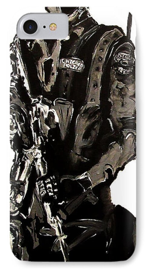 Mendyz iPhone 7 Case featuring the painting Full Length Figure Portrait of SWAT team leader Alpha Chicago Police in full uniform with war gun by M Zimmerman MendyZ