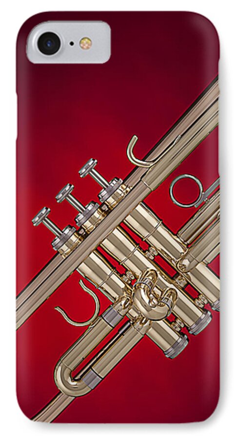 Trumpet iPhone 7 Case featuring the photograph Gold Trumpet Isolated On Red by M K Miller