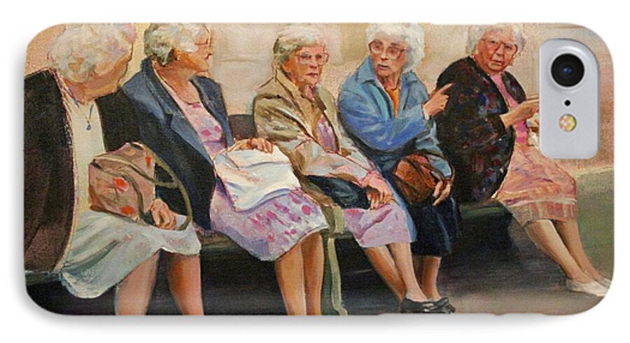 Ladies On A Bench iPhone 7 Case featuring the painting Monday at the Social Security Office by Susan Bradbury