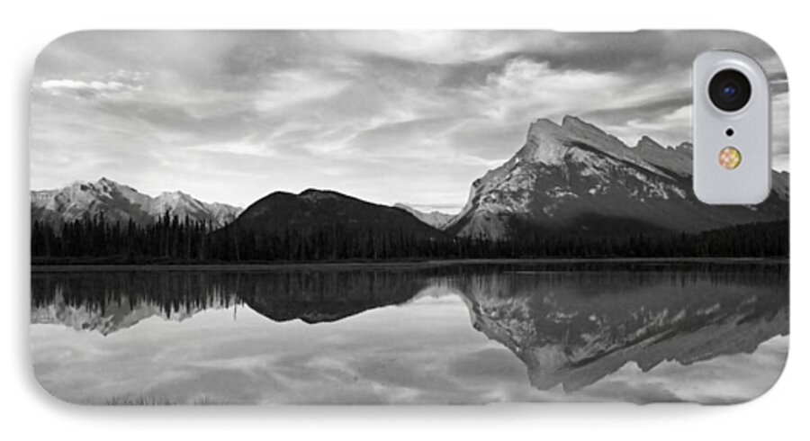 Banff National Park iPhone 7 Case featuring the photograph Mt. Rundel Reflection Black and White by Andrew Serff