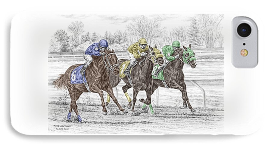 Tb iPhone 7 Case featuring the drawing Neck and Neck - Horse Race Print color tinted by Kelli Swan