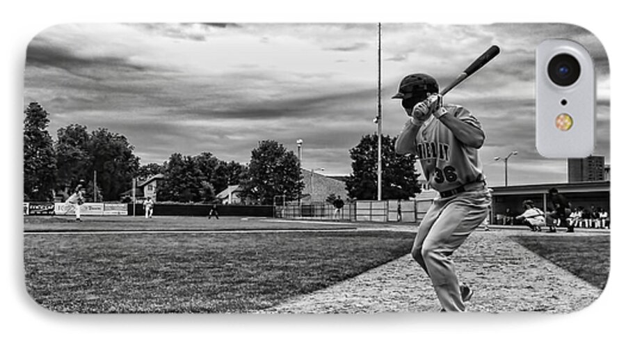 Baseball Local Ballpark Black White Pitcher Batter On Deck Next Clouds Rochester Minnesota iPhone 7 Case featuring the photograph On Deck by Tom Gort