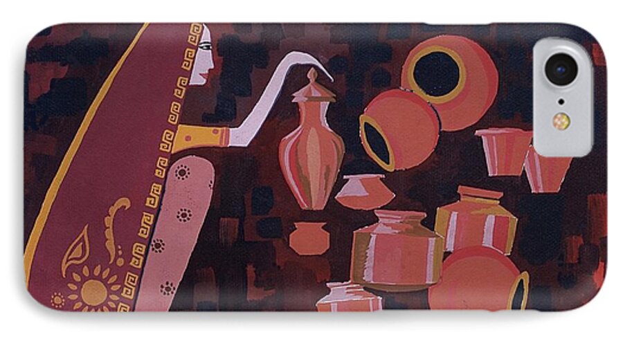 Potter Woman Pots Creations Shapes Brown Earthen Design Forms iPhone 7 Case featuring the painting Potter by Vilas Malankar