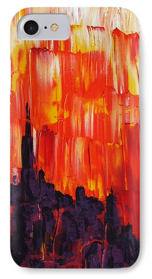 Sunset iPhone 7 Case featuring the painting Sunset of Melting Waterfall Behind Chicago Skyline or Storm Reflecting Architecture and Buildings by M Zimmerman MendyZ