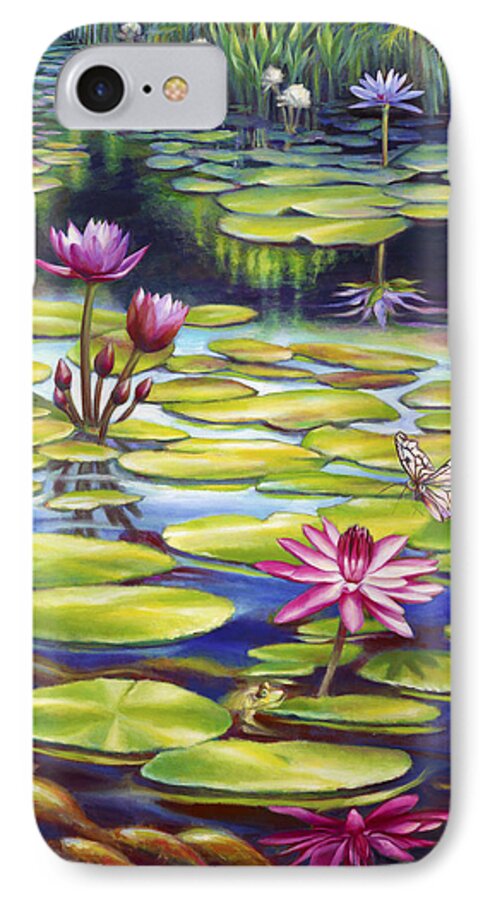 Water Lily iPhone 7 Case featuring the painting Water Lilies at McKee Gardens II - Butterfly and Frog by Nancy Tilles