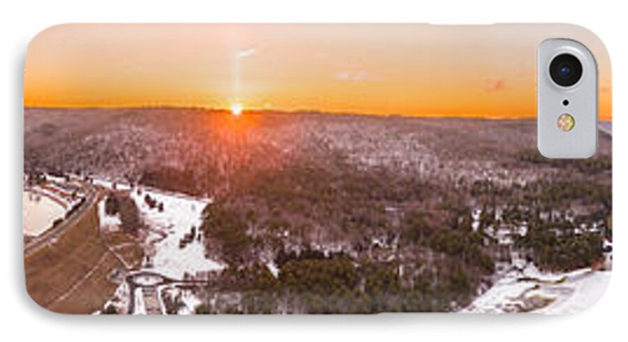 Connecticut iPhone 7 Case featuring the photograph Barkhamsted reservoir and Saville Dam in Connecticut, Sunrise Panorama #1 by Mike Gearin