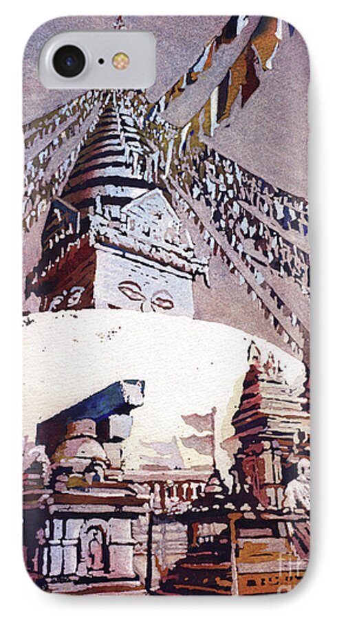 Architecture Blue iPhone 7 Case featuring the painting Buddhist Stupa- Nepal #1 by Ryan Fox