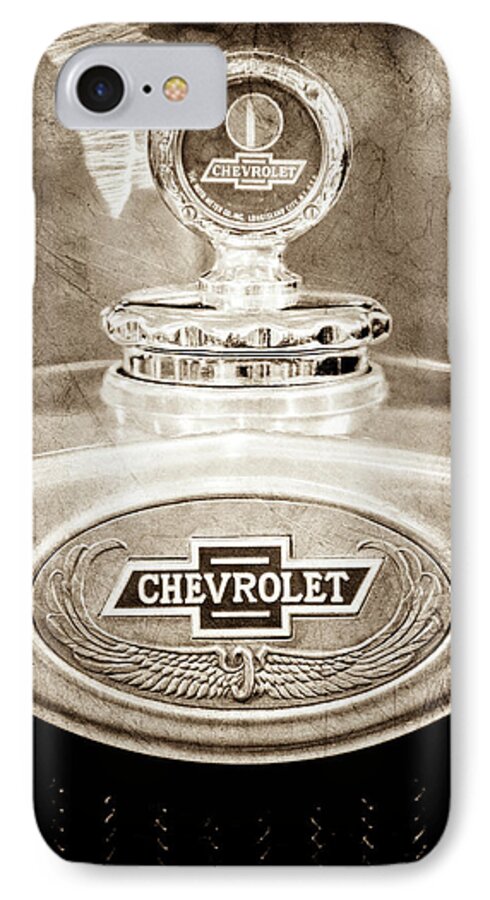 1928 Chevrolet 2 Door Coupe Hood Ornament Moto Meter iPhone 7 Case featuring the photograph 1928 Chevrolet 2 Door Coupe Hood Ornament Moto Meter -0789s by Jill Reger