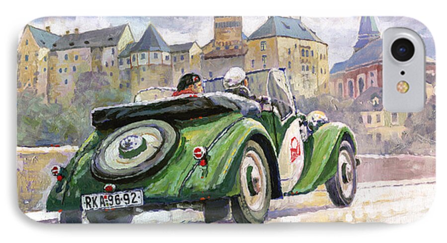 Shevchukart iPhone 7 Case featuring the painting 1936 Praga Baby roadster and Loket Kastle by Yuriy Shevchuk