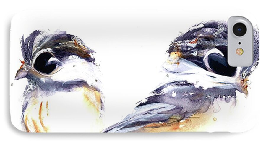 Bird Art iPhone 7 Case featuring the painting 2 Chickadees by Dawn Derman