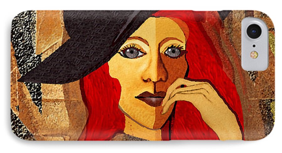 Woman iPhone 7 Case featuring the painting 200 - Woman with black hat .... by Irmgard Schoendorf Welch
