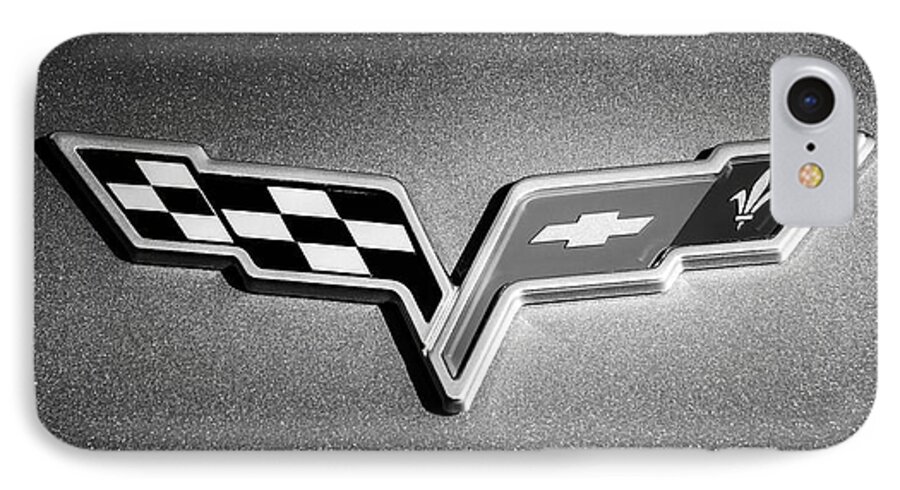 2007 Chevrolet Corvette Indy Pace Car Emblem iPhone 7 Case featuring the photograph 2007 Chevrolet Corvette Indy Pace Car -0301bw by Jill Reger