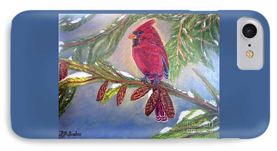 Nature Scene Inspirational Message Melted Snow Pine Tree Branches Hunter Green Brown Earth Tones Male Cardinal Red Blue Sky Background Dappled Golden Sunlight White Melting Snow iPhone 7 Case featuring the painting A Cardinal's Sweet and Savory Song of Winter Thawing Painting by Kimberlee Baxter