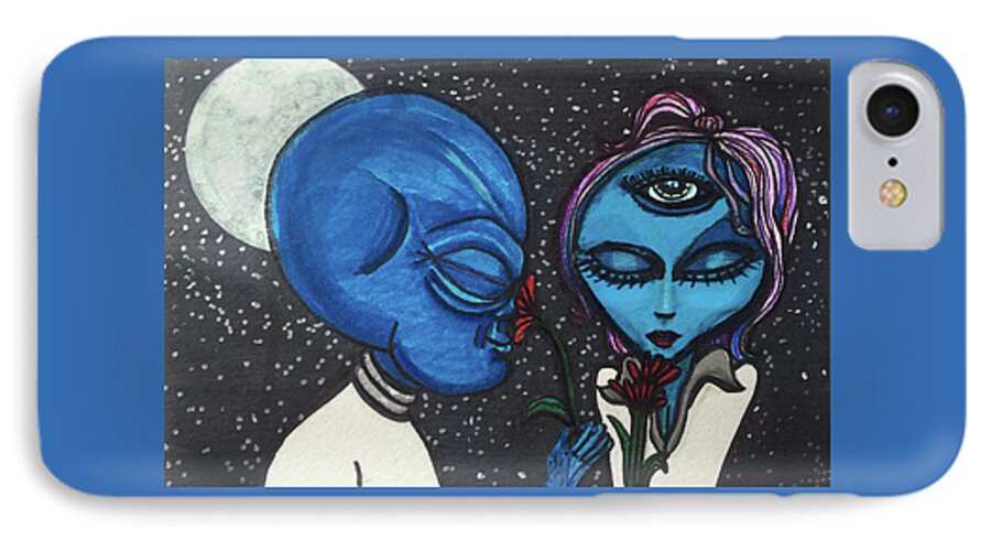 Love iPhone 7 Case featuring the drawing Aliens love flowers by Similar Alien