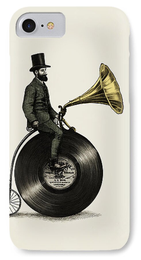 Music Vintage Vinyl Record Victorian Top Hat Gramophone Victrola Nostalgic Cycling Penny Farthing Moustache iPhone 7 Case featuring the drawing Music Man by Eric Fan
