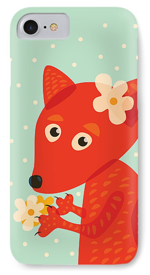 Fox iPhone 7 Case featuring the digital art Cute Pretty Fox With Flowers by Boriana Giormova